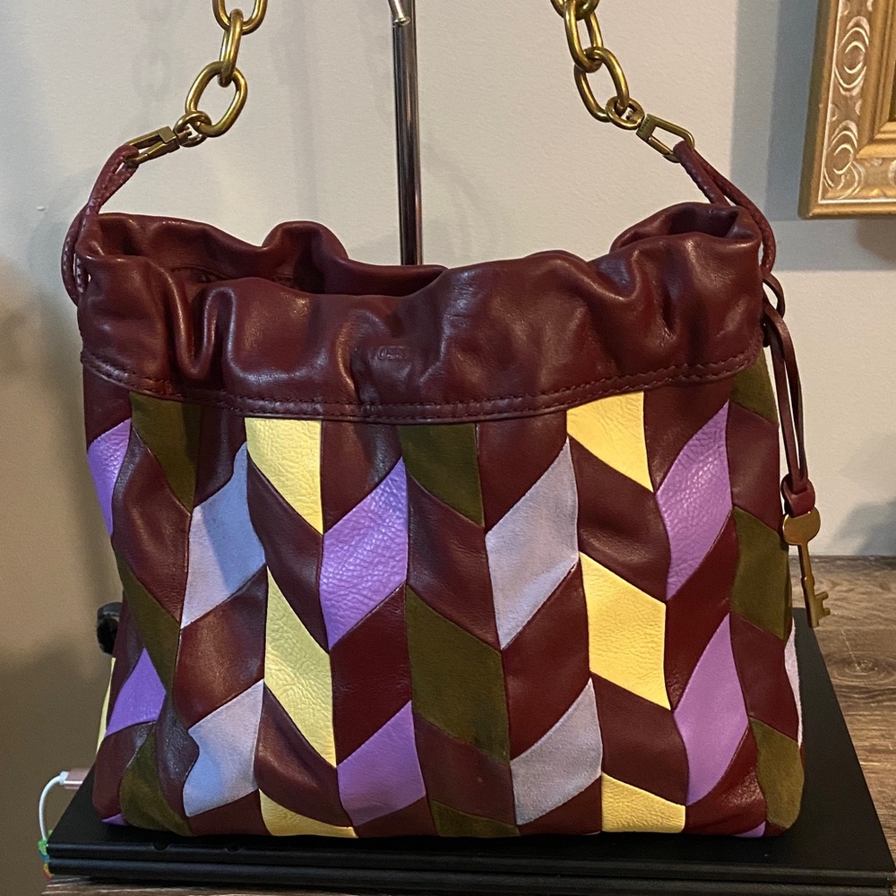 Fossil Burgundy Multicolor Patchwork Leather Draw… - image 1